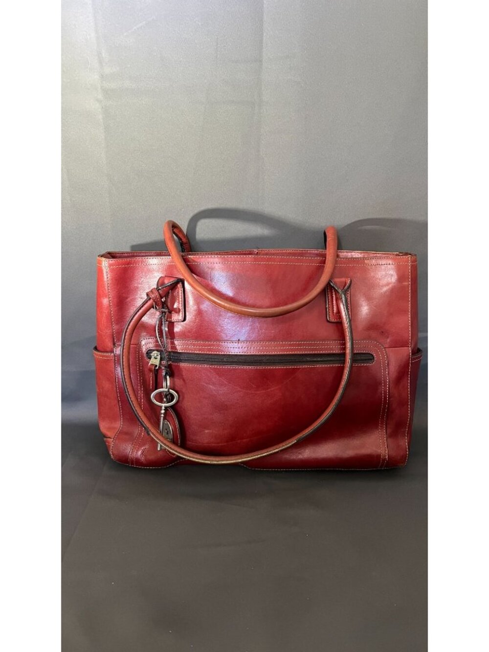Fossil Red Leather Tote Bag W/ Key Charm & Dual Straps